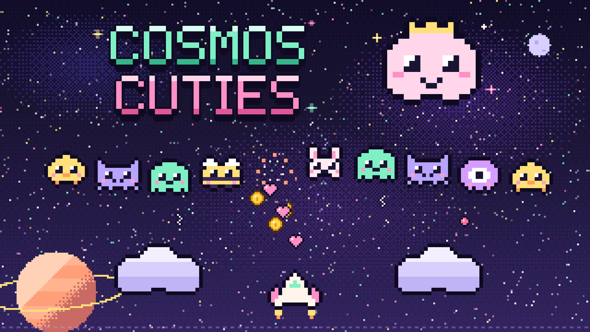 Cosmos Cuties title art: a row of cute pixel invaders above the player's heart-shooting ship
