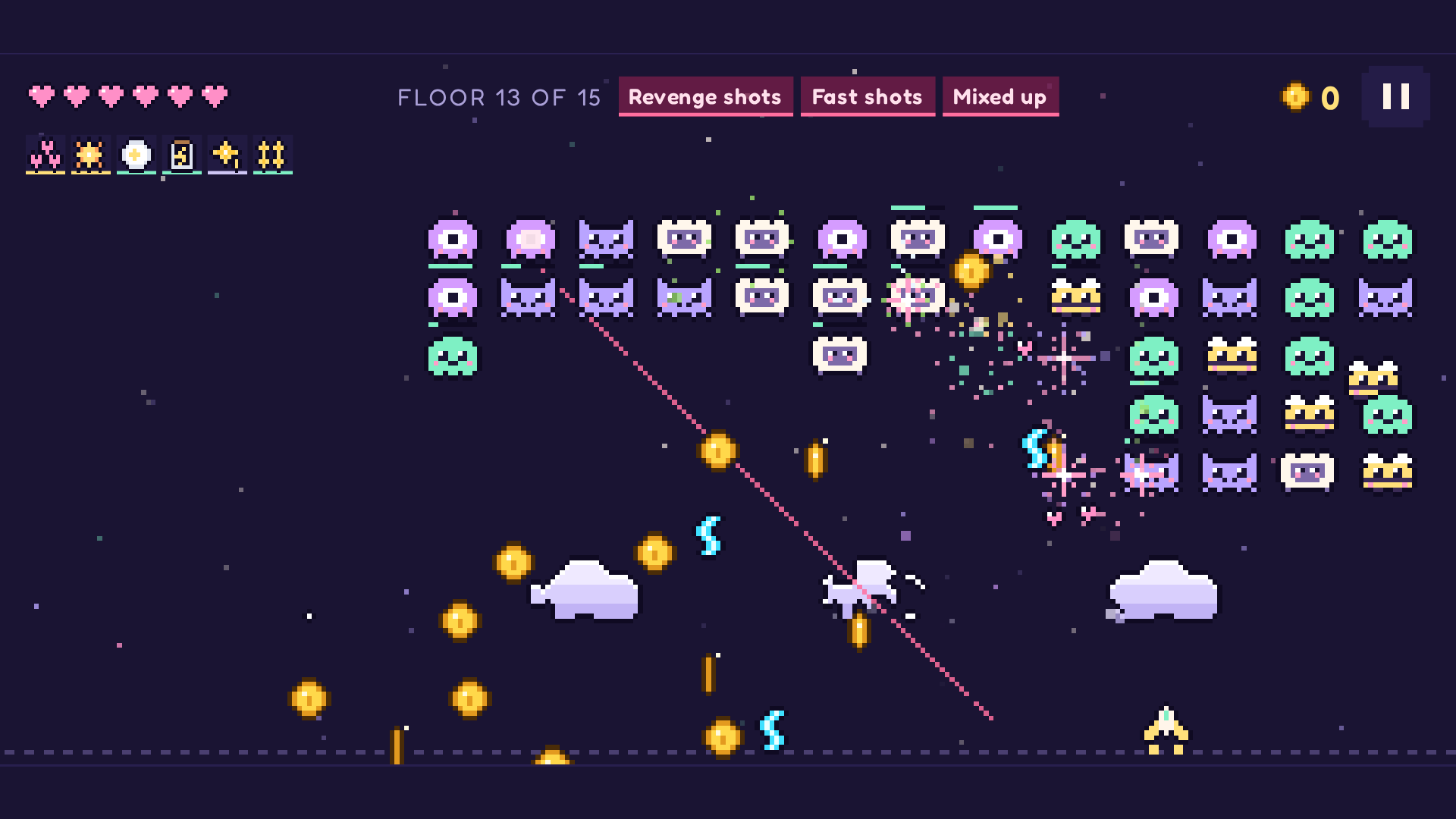 A late-game fight with hearts, sparks and coins everywhere